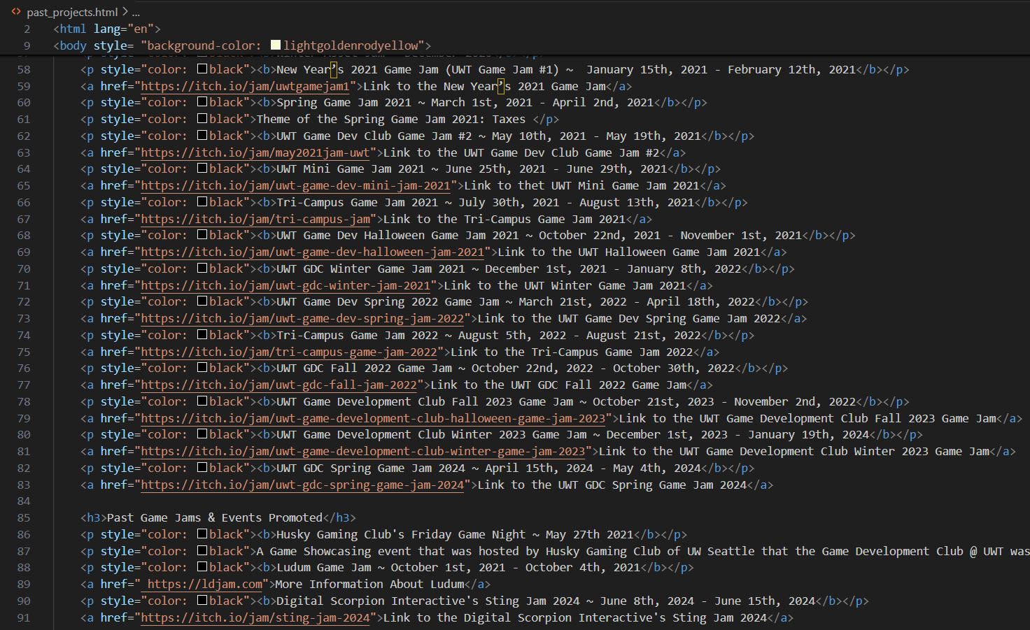 Code Snippet of Unused Past Game Dev Club @ UWT Events List